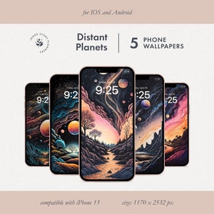 5 fondos de pantalla de iPhone de planetas distantes, fondo de teléfono inteligente cósmico de otro mundo, salvapantallas de teléfono surrealista, pantalla de bloqueo móvil del mundo de los sueños