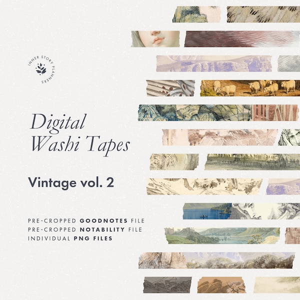 Digital washi tapes stickers VOL. 2, Vintage fine art décor for digital journal, Goodnotes sticker book, digital junk journal elements