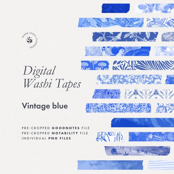 Vintage blue digital washi tapes stickers, fine art décor for digital journal, Goodnotes sticker book, digital junk journal retro elements