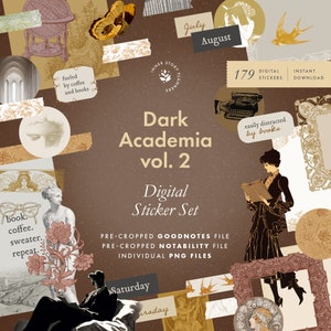 Conjunto de pegatinas digitales Dark Academia vol. 2 pegatinas de tablero de estado de ánimo de estilo vintage para Goodnotes, libro de pegatinas de elementos retro para diario digital