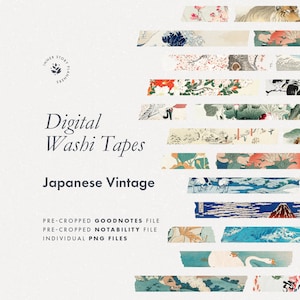 Pegatinas de cinta washi digitales vintage japonesas, arte oriental para cuadernos digitales, libro de pegatinas Goodnotes, elementos retro de diario digital