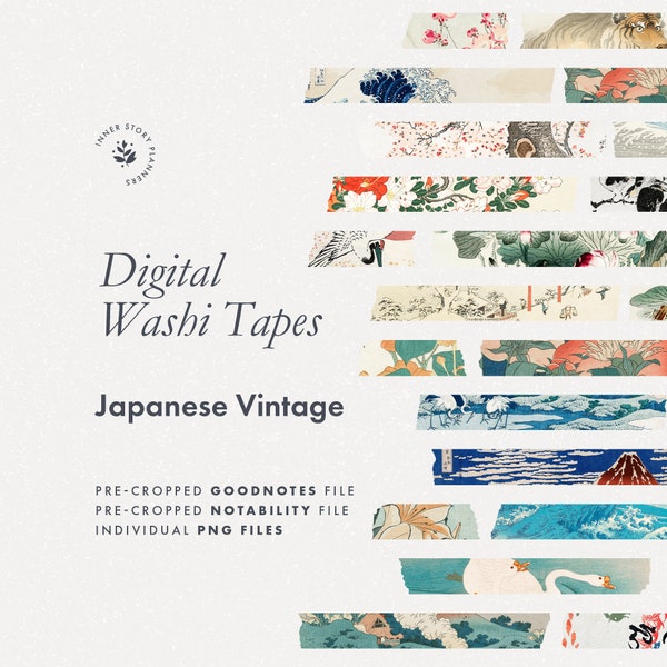 Japanese vintage digital washi tape stickers, oriental art for digital notebooks, Goodnotes sticker book, digital journaling retro elements