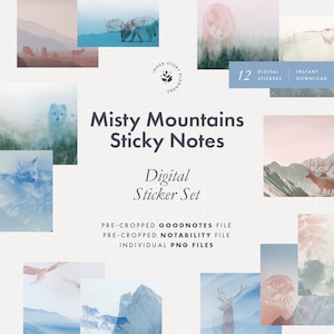 Misty Mountains Pastel Sticky Notes Digital Stickers, Dreamy Pastel Journaling Set (Goodnotes, Notability)