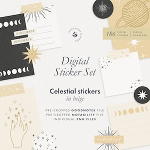 Celestial digital stickers, Moon and stars stickers for digital journal, Goodnotes sticker book, Ipad planner sticker, digital boho stickers