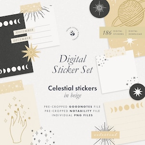 May include: A digital sticker set with celestial designs in beige. The image features various stickers with suns, moons, stars, and planets. Text includes "Digital Sticker Set", "Celestial stickers in beige", and "186 Digital Stickers".
