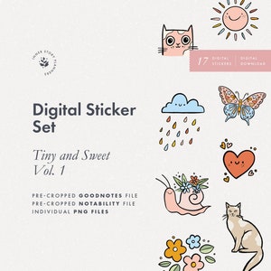 Cute Digital Stickers set, Goodnotes sticker book, hand drawn doodle daily sticker for digital journal, precropped png Ipad planner stickers