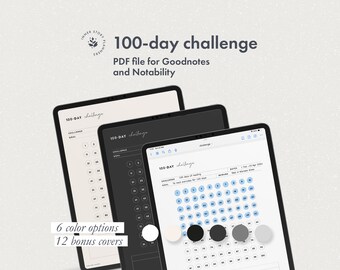 May include: A digital planner for a 100-day challenge. The planner is displayed on an iPad screen. The planner has a light blue background with a grid of 100 circles. The circles are filled in with a light blue color to indicate completed days. The planner also includes a section for the challenge goal, a section for the reward, and a section for the dates. The planner is available in 6 color options and 12 bonus covers.