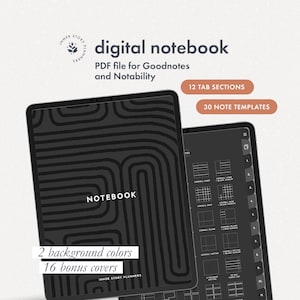 May include: A digital notebook for Goodnotes and Notability with 12 tab sections and 30 note templates. The notebook has a black and white geometric pattern cover with the text "NOTEBOOK" in white. The notebook comes with 2 background colors and 16 bonus covers.