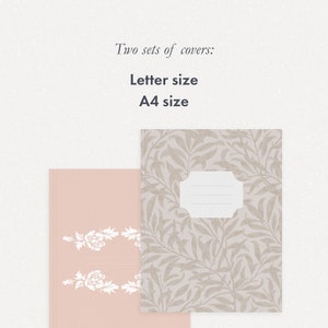 Peut inclure: Deux cahiers, l'un rose avec des motifs floraux blancs et l'autre avec un motif de feuilles beiges. Le texte sur l'image indique "Deux ensembles de couvertures: Format lettre Format A4."