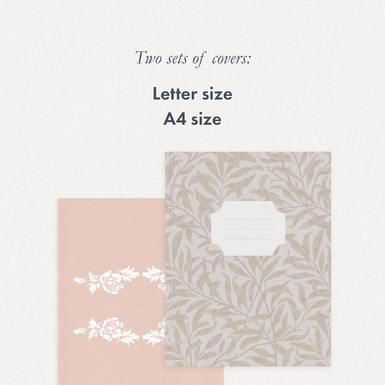Peut inclure: Deux cahiers, l'un rose avec des motifs floraux blancs et l'autre avec un motif de feuilles beiges. Le texte sur l'image indique "Deux ensembles de couvertures: Format lettre Format A4."