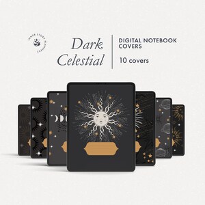 May include: Ten digital notebook covers featuring a dark celestial theme with gold accents. The covers feature a sun, moon, stars, and planets.