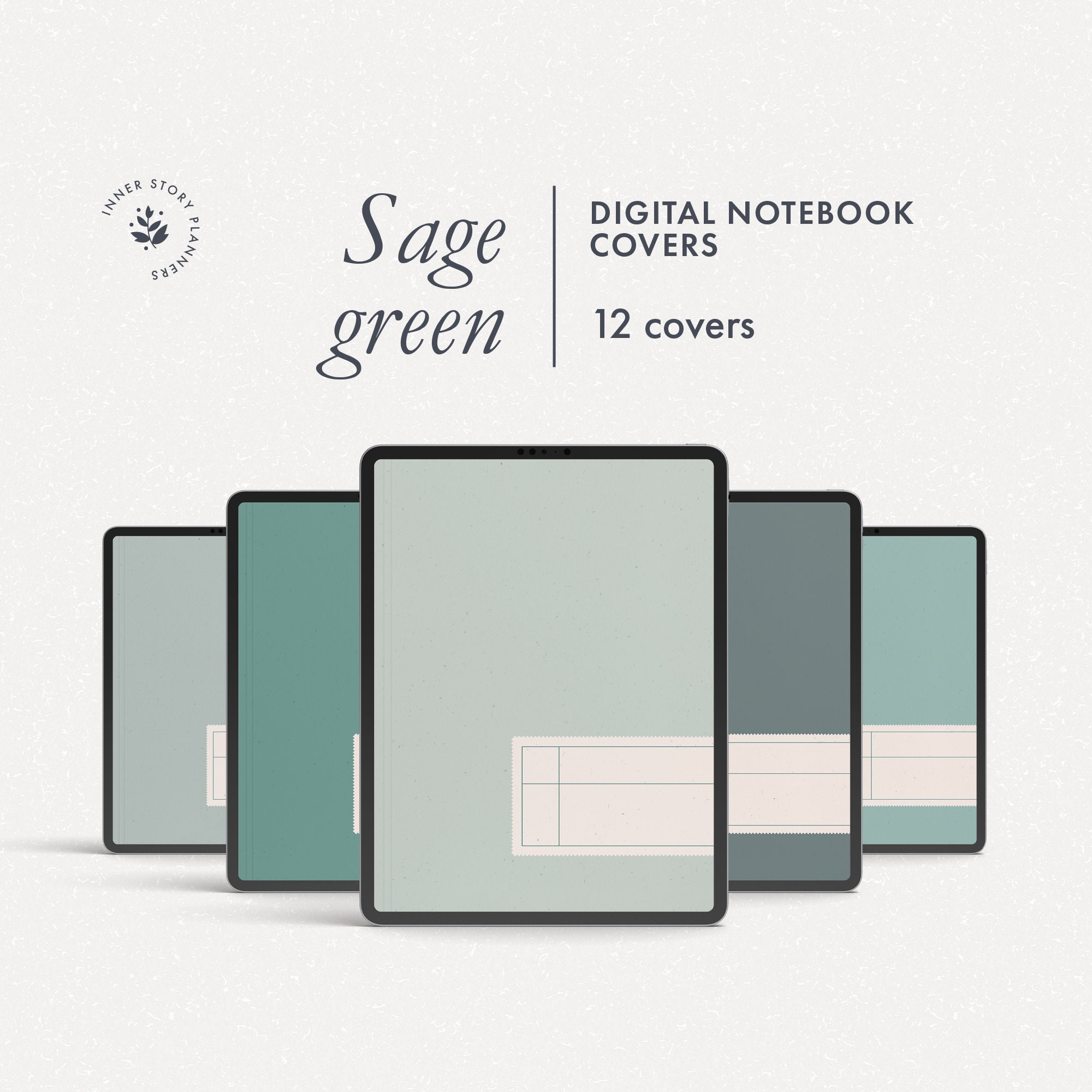 12 digital notebook covers in sage green tones, Goodnotes and Notability minimalist covers, green color palette covers for digital journal