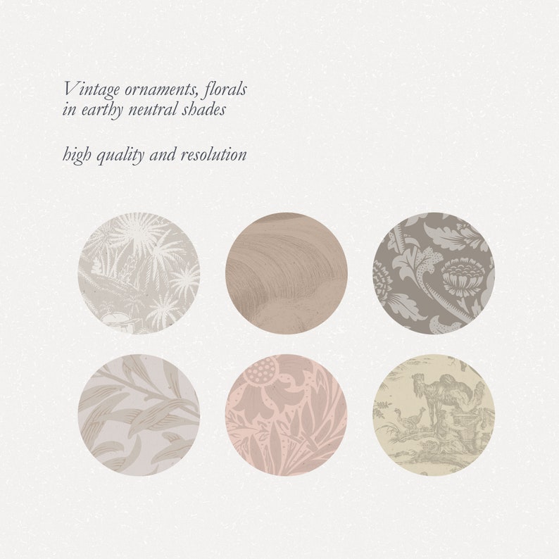 Peut inclure: Six cercles avec des motifs floraux et ornementaux vintage dans des tons neutres terreux. Les motifs comprennent des palmiers, des veines de bois, des motifs floraux et une sc&egrave;ne pastorale. Le texte indique "Vintage ornaments, florals in earthy neutral shades" et "high quality and resolution."
