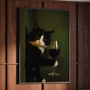 Funny Cat with Wine Glass Art Print – Sophisticated Pet Humor Poster for Bar Cafe Kitchen or Lounge Wall Decor Gift Idea