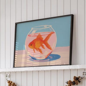 Lustiger Goldfisch-Kunstdruck für Bad oder Küche, schrullige bunte Wandkunst, niedliches Retro-Tierplakat für Spaß-Inneneinrichtung