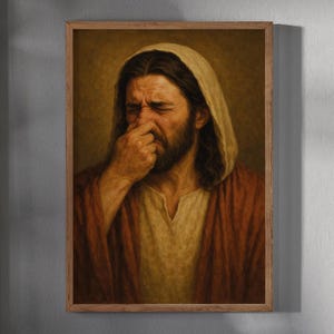 Divertente stampa da parete in stile rinascimentale – Figura religiosa classica che si tiene il naso – Poster da bagno – Stampa artistica strana, regalo divertente