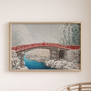 Kawase Hasui Art Print, Snow at the Sacred Bridge in Nikko, Japanese Print, Famous Art Print, Vintage Art
