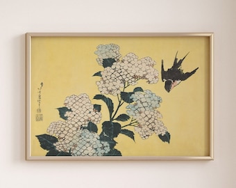 Katsushika Hokusai-Hydrangea and Swallow, Katsushika Hokusai Art Print, Japanese Woodblock Print