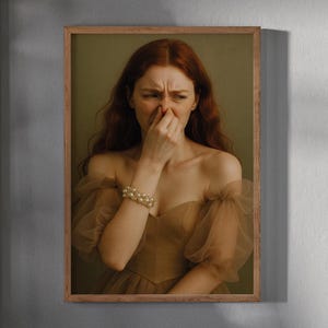 Funny Victorian Woman Holding Nose Bathroom Poster – Elegant Vintage Style Toilet Humor Wall Art – Quirky Bathroom Gift Print