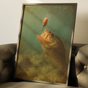 Vintage kunst aan de muur vissen – Retro poster largemouth bass met kunstaas – Rustiek vissersdecor voor hut Lake House of Man Cave