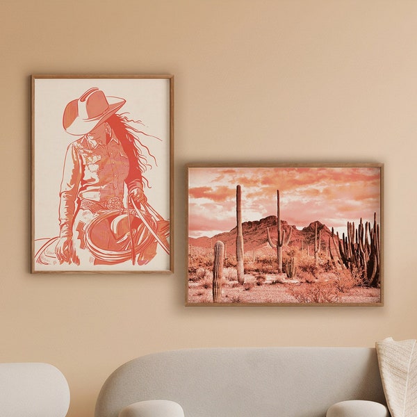 Cowgirl Wall Art Set, Western Room Decor, Cowboy Wall Art, Eclectic Poster Set, Boho Decor, Desert Cactus Print, Minimalist Wall Decor