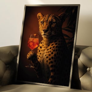 Stampa poster con cocktail a forma di ghepardo / Divertente decorazione da parete per bar, ideale per arredare lounge o bar / Elegante decorazione artistica con animali che bevono per interni audaci e giocosi