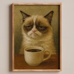 May include: Framed print featuring a grumpy cat with a cup of coffee. The cat has a white and brown face with a perpetually unhappy expression. The coffee cup is beige, and the print is in a wooden frame. The North Gallery logo is in the bottom right corner.
