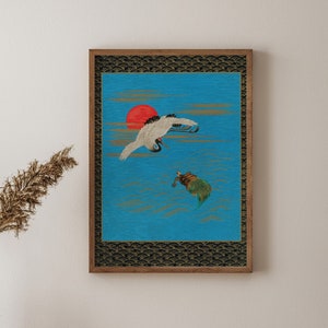 Vintage Style Japanese Crane Birds Art Print, Sarus Crane Flying Above Turtle in the Sea, Japandi Decor, Cranes Wall Art