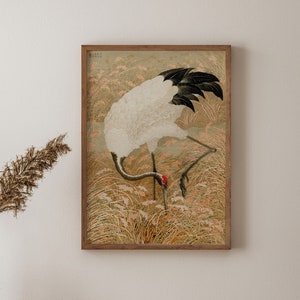 Vintage Style Japanese Crane Birds Art Print, Sarus Crane in Rice Field, Japandi Decor, Cranes Wall Art