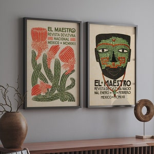 Mexico El Maestro Poster Set of 2, Mexican Vintage Art Print, Mexican Poster, Mexican Vintage Art, Vintage Cactus Art, Mexico City Poster