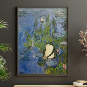 Funny Frog Art Print, Monet Waterlily Parody, Floral Home Decor
