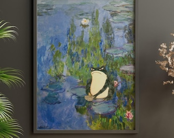 Funny Frog Art Print, Monet Waterlily Parody, Floral Home Decor