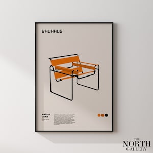 Arte de parede para cadeira Bauhaus, pôster de exposição da cadeira Wassily, pôster da cadeira Marcel Breuer, pôster contemporâneo laranja e preto, decoração minimalista