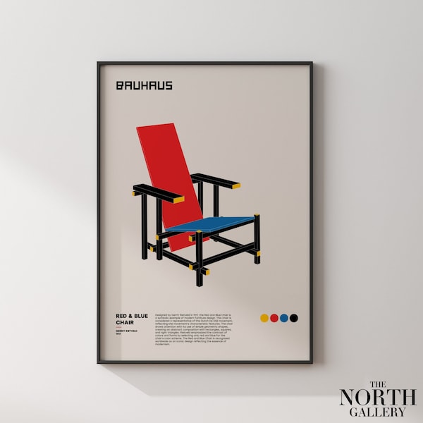 Bauhaus Chair Wall Art, Red and Blue Chair Exhibition Poster, Gerrit Rietveld Chair Poster, Retro Minimalist Poster