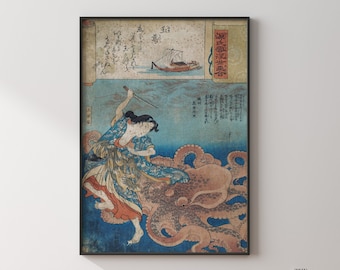 Octopus Poster Print, Octopus Ukiyo-e Art Print, Asian Warriors Art, Japanese Wall Art, Japanese Culture,