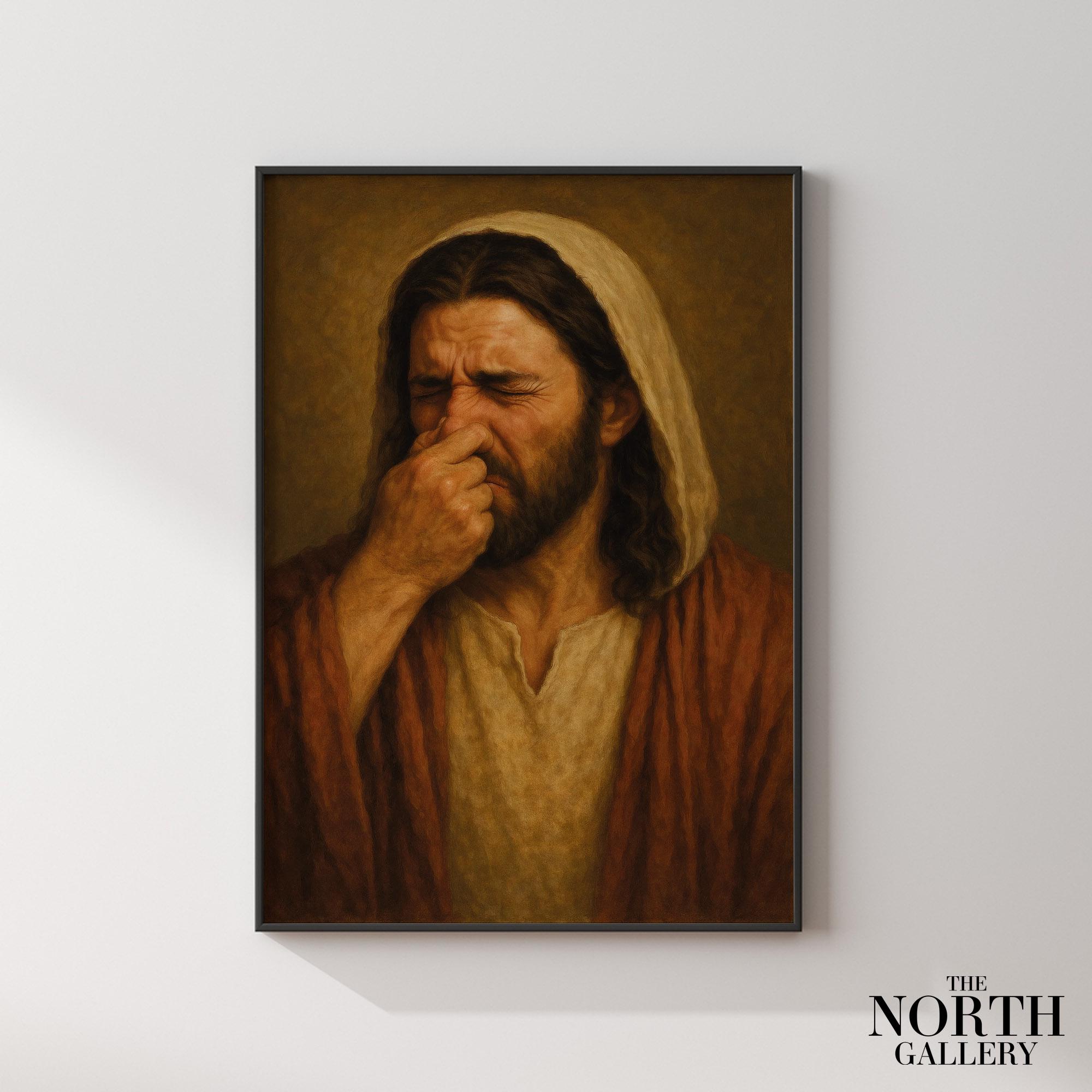 Funny Renaissance Style Wall Art – Classic Religious Figure Holding Nose Bathroom Poster – Weird Art Print, Funny Gift