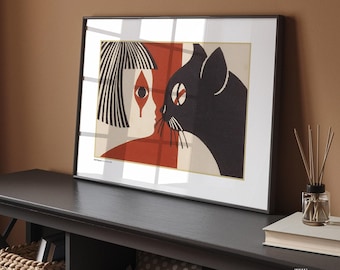 Saito Kiyoshi Art Print, Girl and Cat, Japanese Cat, Vintage Print