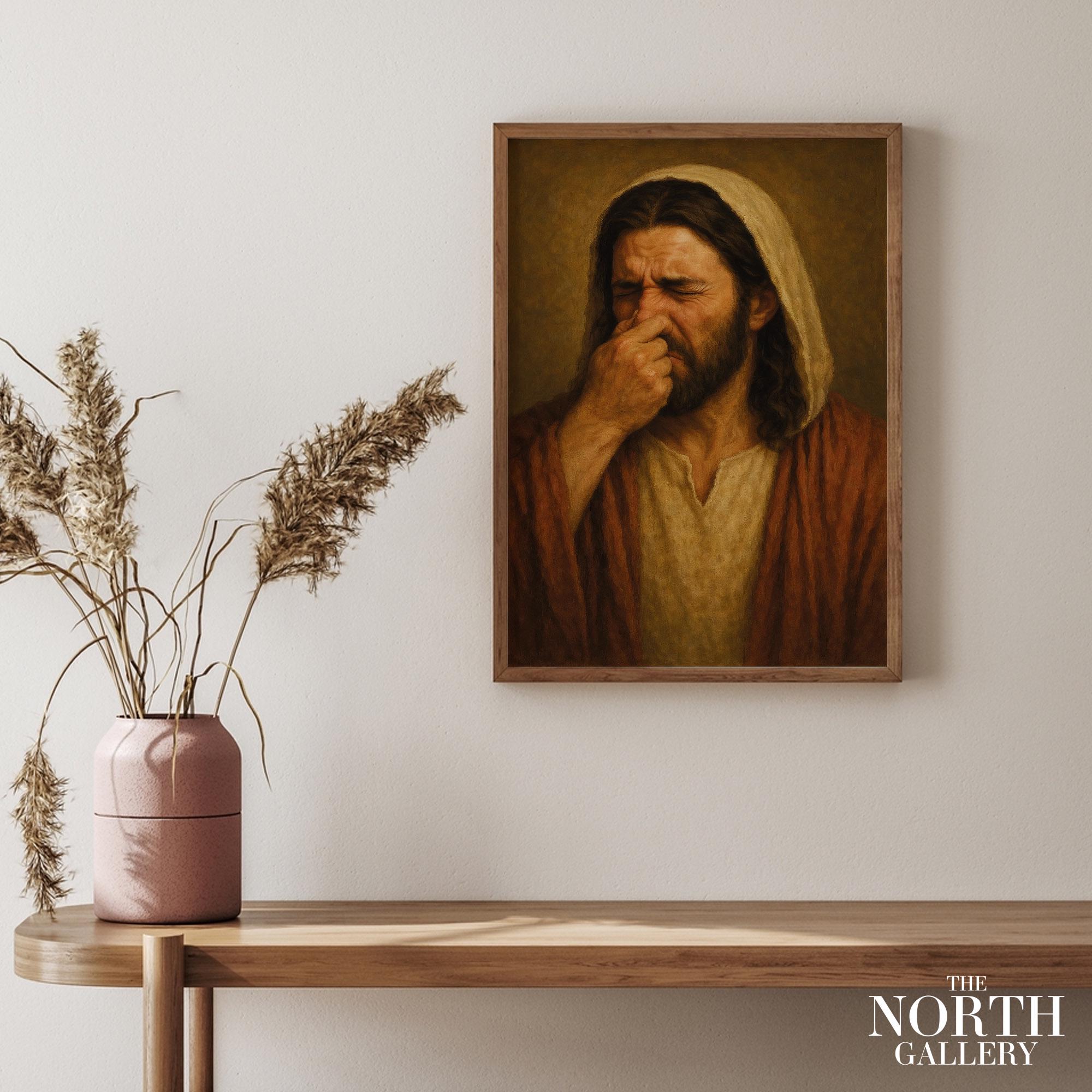 Funny Renaissance Style Wall Art – Classic Religious Figure Holding Nose Bathroom Poster – Weird Art Print, Funny Gift