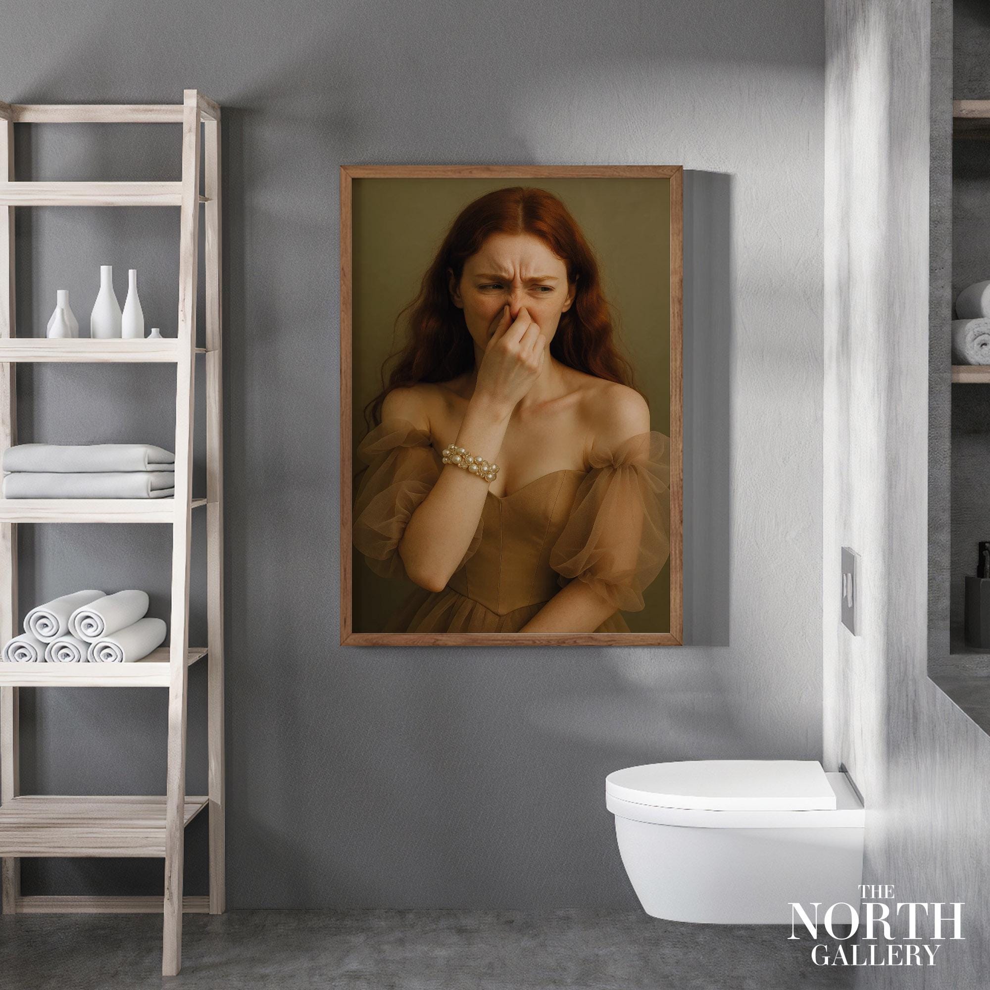 Funny Victorian Woman Holding Nose Bathroom Poster – Elegant Vintage Style Toilet Humor Wall Art – Quirky Bathroom Gift Print