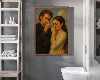 Peut inclure: Une impression encadrée d'une peinture classique représentant un homme et une femme se pinçant le nez. L'œuvre d'art est dans un cadre en bois et est accrochée à un mur gris. Le logo The North Gallery est en bas à droite.