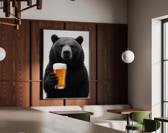 Funny Bear Drinking Beer Poster | Pub Lounge Cafe Wall Art