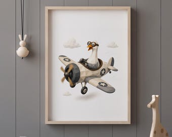 May include: A framed wall art print featuring a low-poly illustration of a white goose wearing brown aviator goggles and flying a beige propeller airplane with star insignias on the wings, set against a plain white background with clouds.