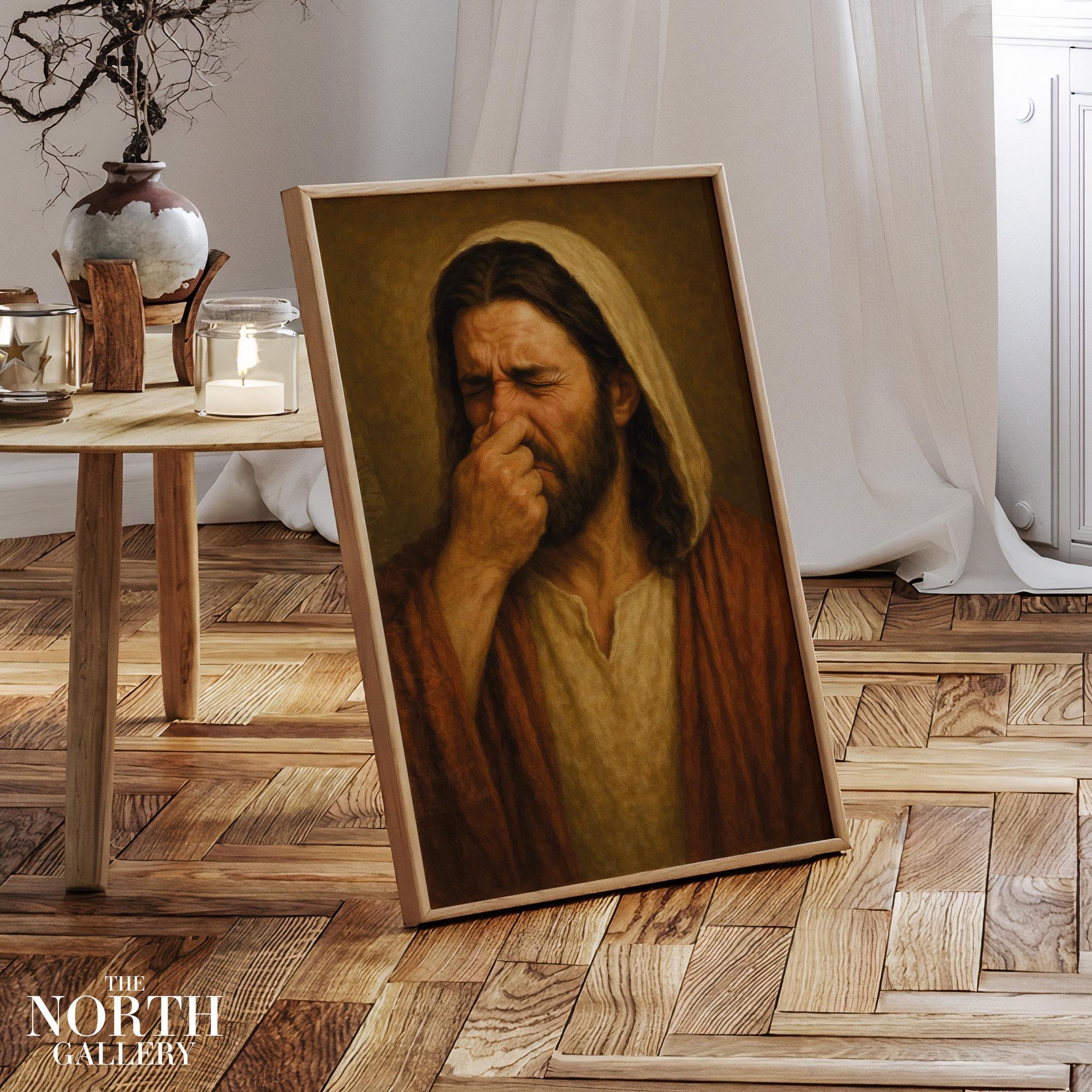Funny Renaissance Style Wall Art – Classic Religious Figure Holding Nose Bathroom Poster – Weird Art Print, Funny Gift