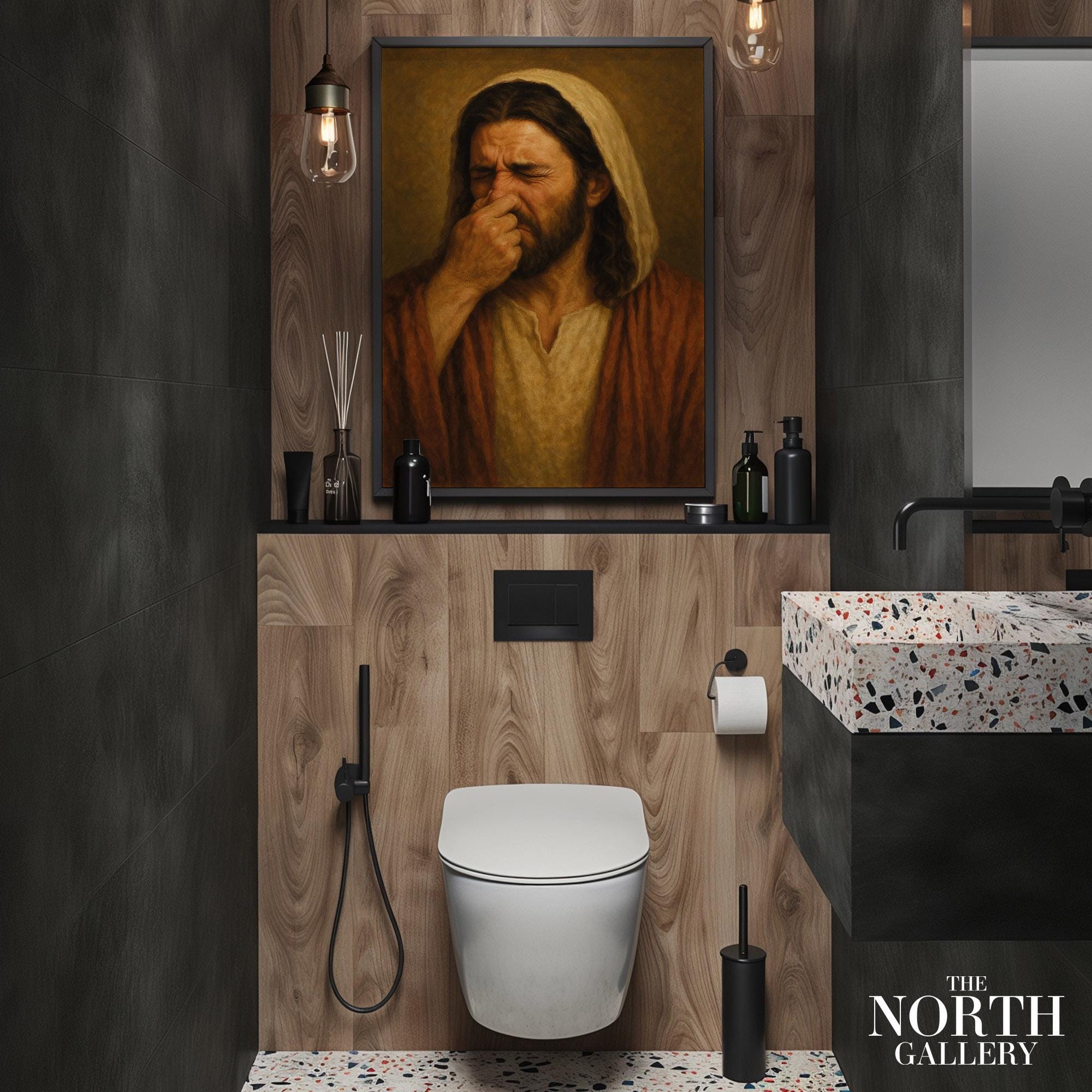 Funny Renaissance Style Wall Art – Classic Religious Figure Holding Nose Bathroom Poster – Weird Art Print, Funny Gift