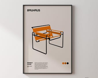 Bauhaus Stuhl Wandkunst, Wassily Stuhl Ausstellungsposter, Marcel Breuer Stuhl Poster, Modernes Poster in Orange und Schwarz, Minimalistisches Dekor