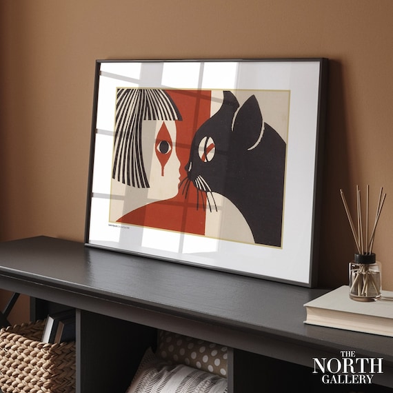 絵画 kitty-cornered\" Saito Kiyoshi Art Print, Girl and Cat, Japanese Cat, Vintage