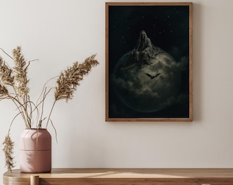 May include: Framed art print featuring a dark, gothic illustration. A robed figure with a scythe sits atop a cloudy moon, with a bat flying below. The artwork is set against a starry night sky, framed in a dark wood.