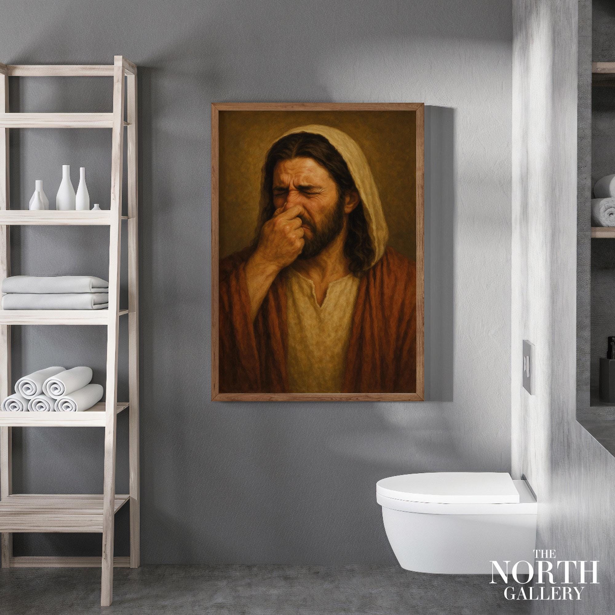 Funny Renaissance Style Wall Art – Classic Religious Figure Holding Nose Bathroom Poster – Weird Art Print, Funny Gift