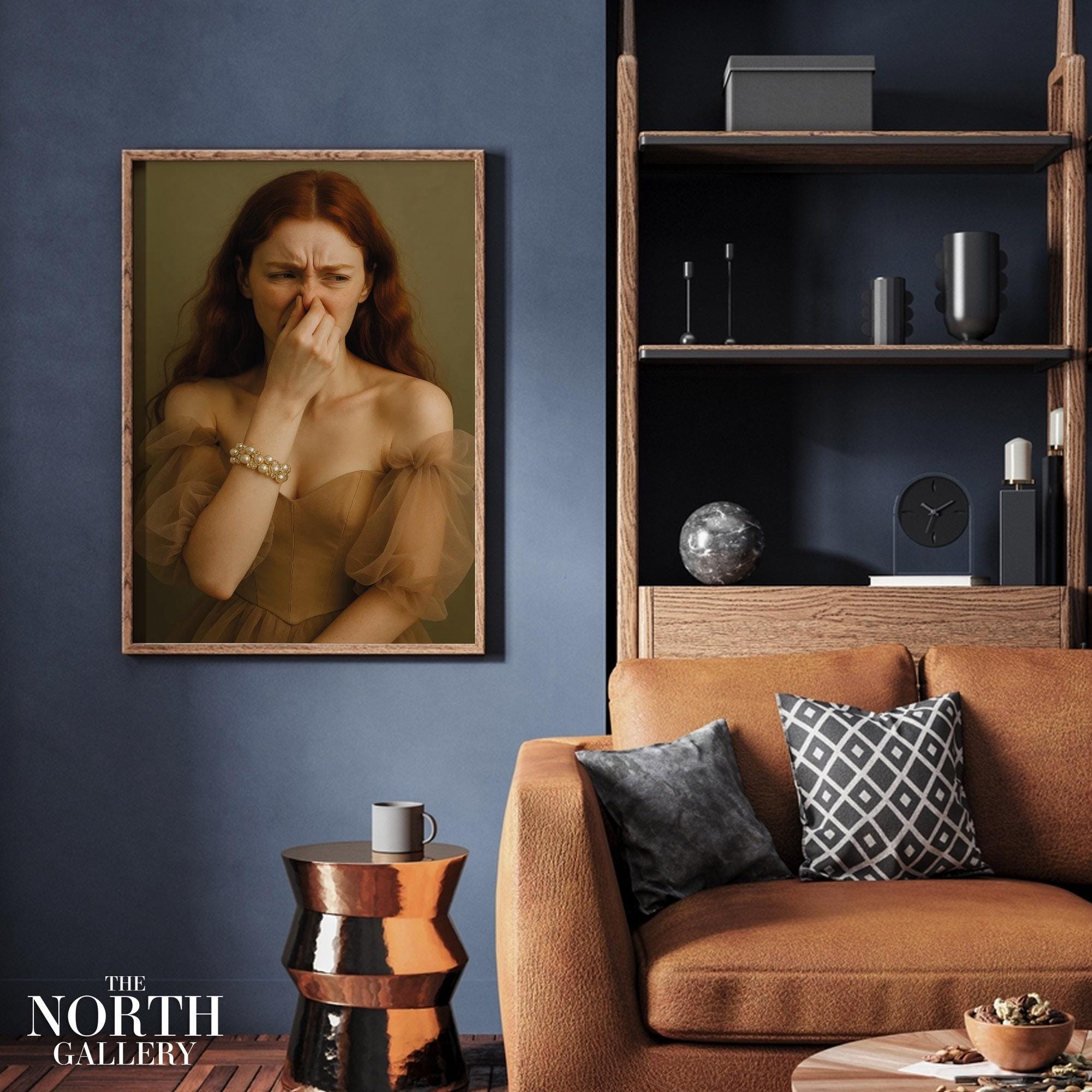 Funny Victorian Woman Holding Nose Bathroom Poster – Elegant Vintage Style Toilet Humor Wall Art – Quirky Bathroom Gift Print