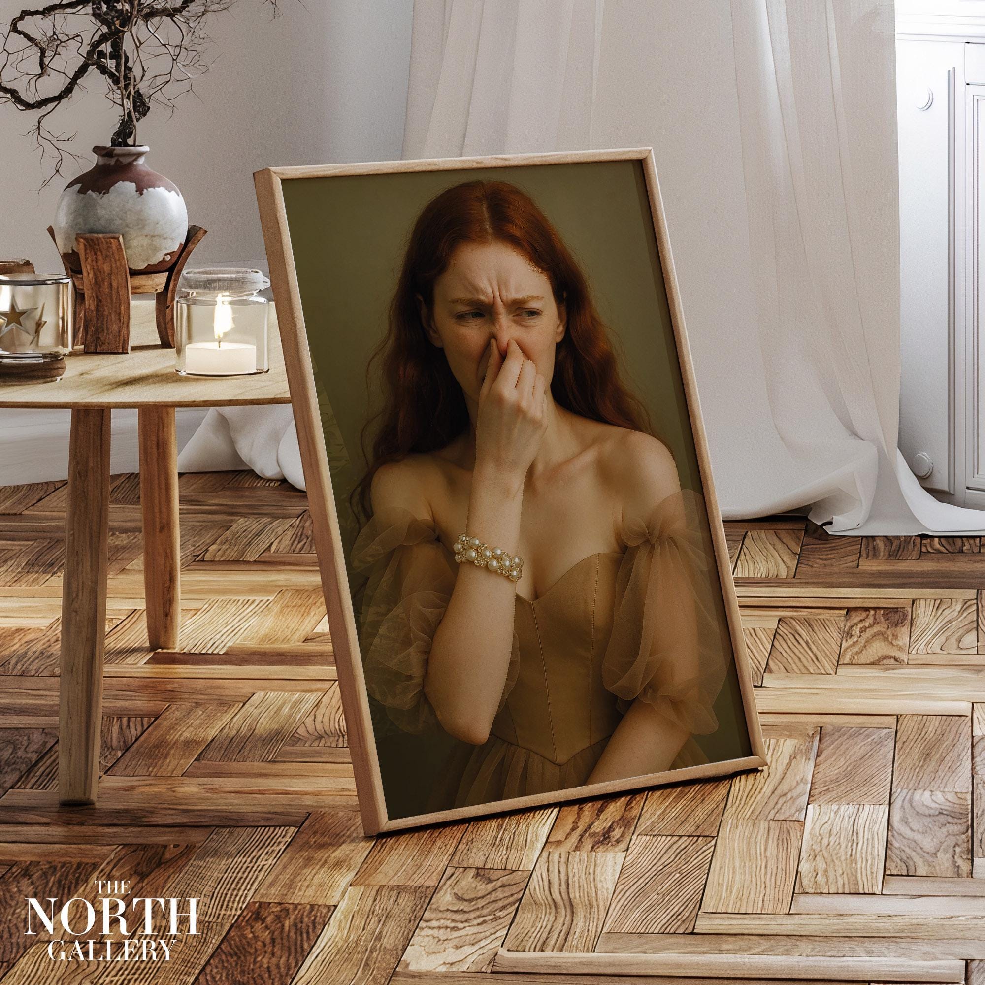 Funny Victorian Woman Holding Nose Bathroom Poster – Elegant Vintage Style Toilet Humor Wall Art – Quirky Bathroom Gift Print